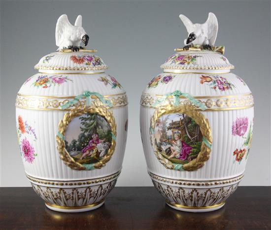 A pair of large Berlin fluted ovoid jars and covers, late 19th century, height 34.5cm